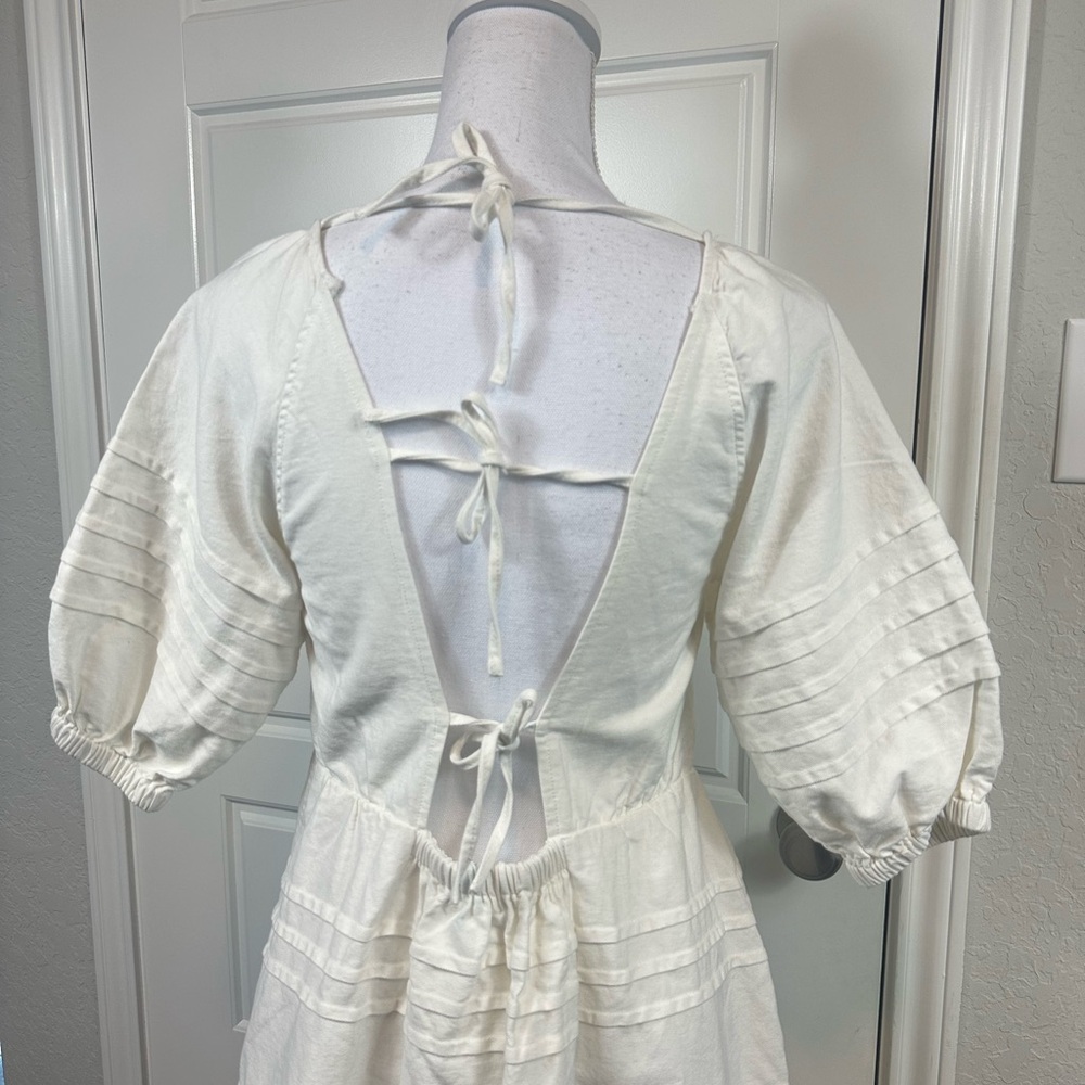 7 for all Mankind Puff Sleeve Denim Babydoll Off White Dress Size Small NWT - Picture 4 of 11